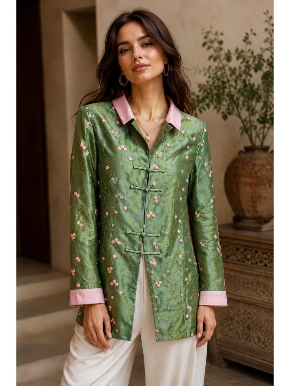 Dragon Silk Women's Size S Green Embroidered Silk Blend Mandarin Jacket Floral